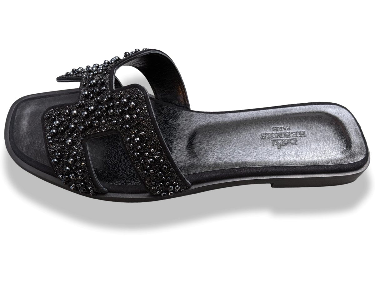 Hermes Women's Black Pearls & Crystals Sparkling ORAN Flat Slides Sandals Size 37, BNIB! - poupishop