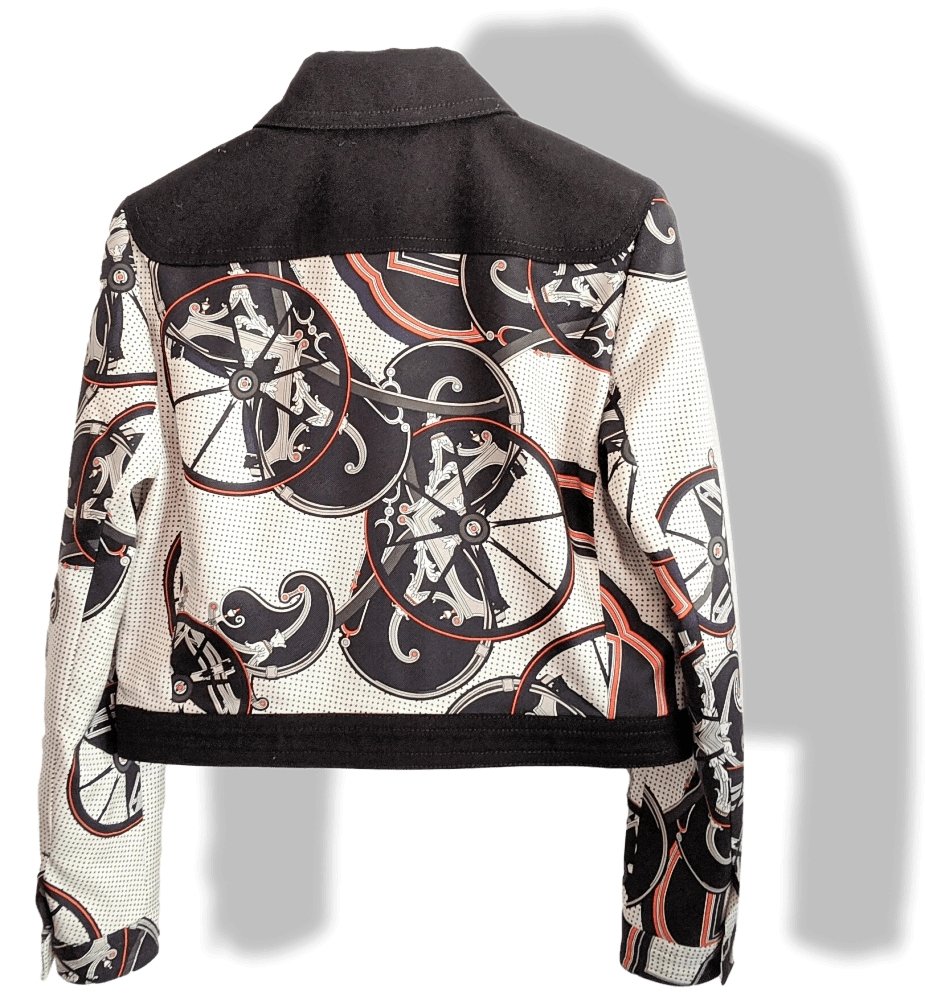 Hermes Women's B/W OUTDOOR Printed Silk and Black Cotton Jeans Short Jacket Sz40, Retail $3300, NWT! - poupishop