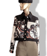 Hermes Women's B/W OUTDOOR Printed Silk and Black Cotton Jeans Short Jacket Sz40, Retail $3300, NWT! - poupishop