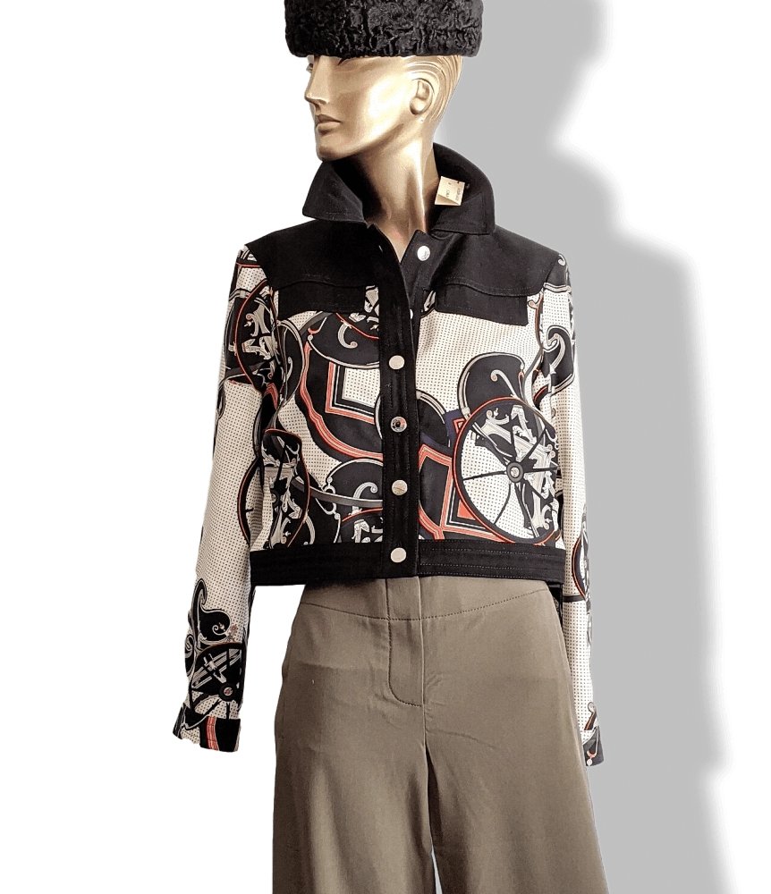 Hermes Women's B/W OUTDOOR Printed Silk and Black Cotton Jeans Short Jacket Sz40, Retail $3300, NWT! - poupishop