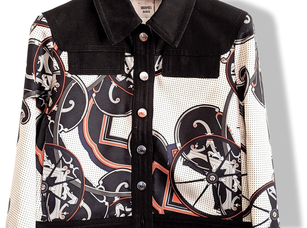 Hermes Women's B/W OUTDOOR Printed Silk and Black Cotton Jeans Short Jacket Sz40, Retail $3300, NWT! - poupishop