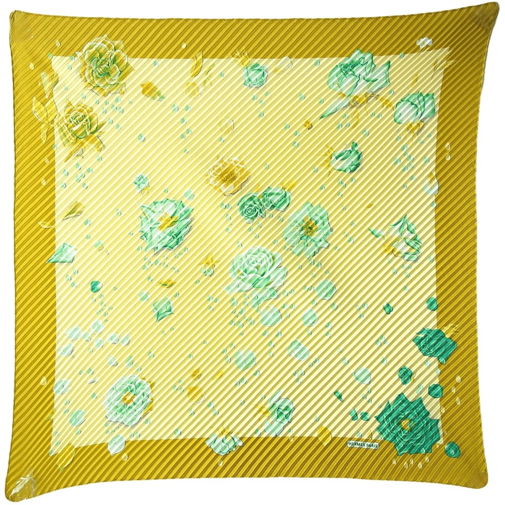 Hermes Yellow, Green La Rosee Pleated Plisse Twill 90cm, NIB! - poupishop