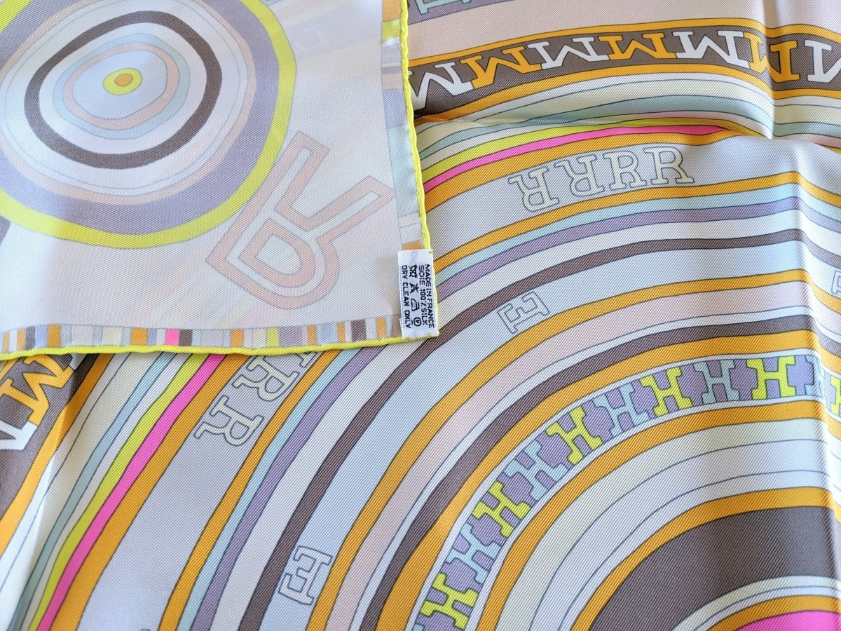 Hermes Yellow/Pale Blue/Pastel Tohu Bohu by Claudia Sthulhofer-Mayr Twill Silk Scarf 90cm, Mint! - poupishop