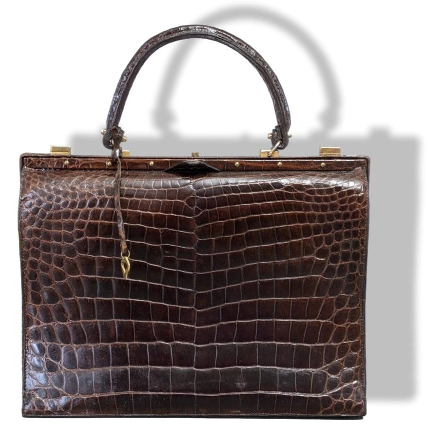 Louise Fontaine 1960s Chocolate Crocodile Big Retro Mallette Doctor Bag 34 with Key, Superb! - poupishop