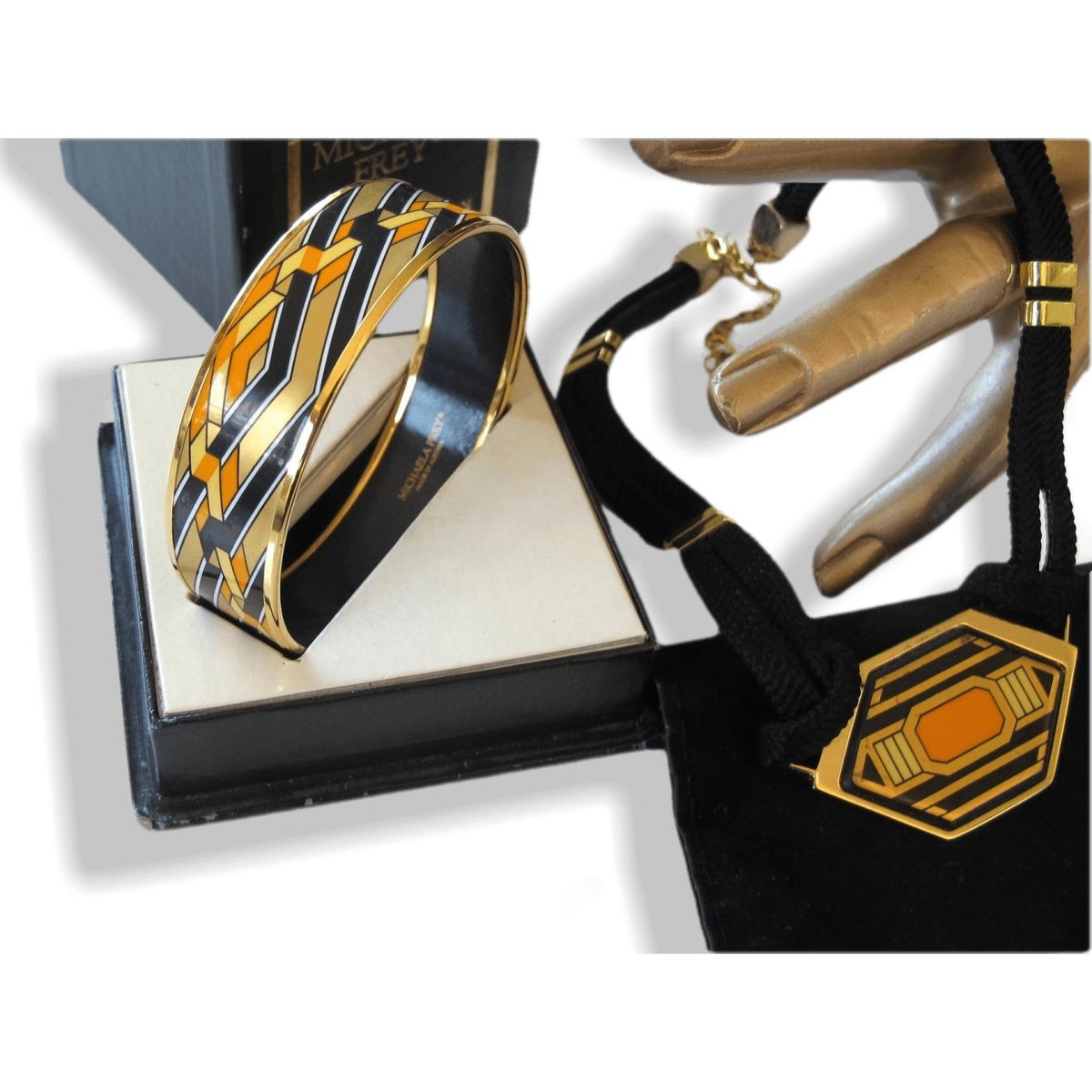 Michaela Frey Wien 1970s Modern Art Enamel Necklace Choker & Bangle Set, Box! - poupishop