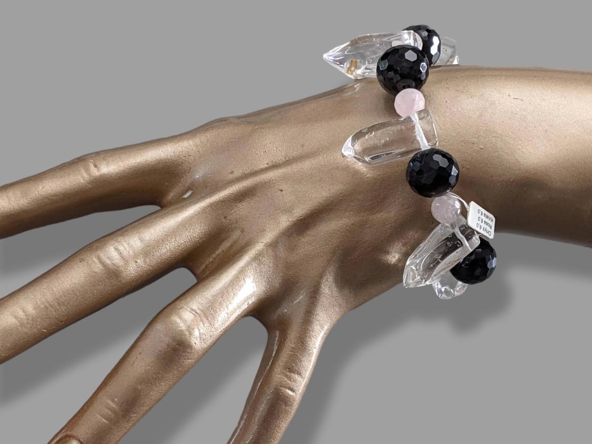 Onyx/Rosenquarz/Rock Crystal Natural Stone Elasticated Bracelet, NWT! - poupishop