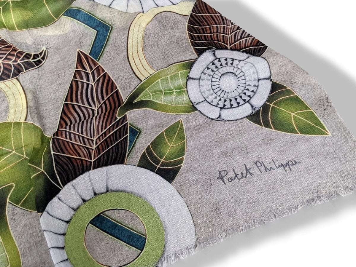 Patek Philippe 2020 Grey/Green/White Passiflores 100% Woven Cashmere Huge Fringed Stole, BNIB! - poupishop