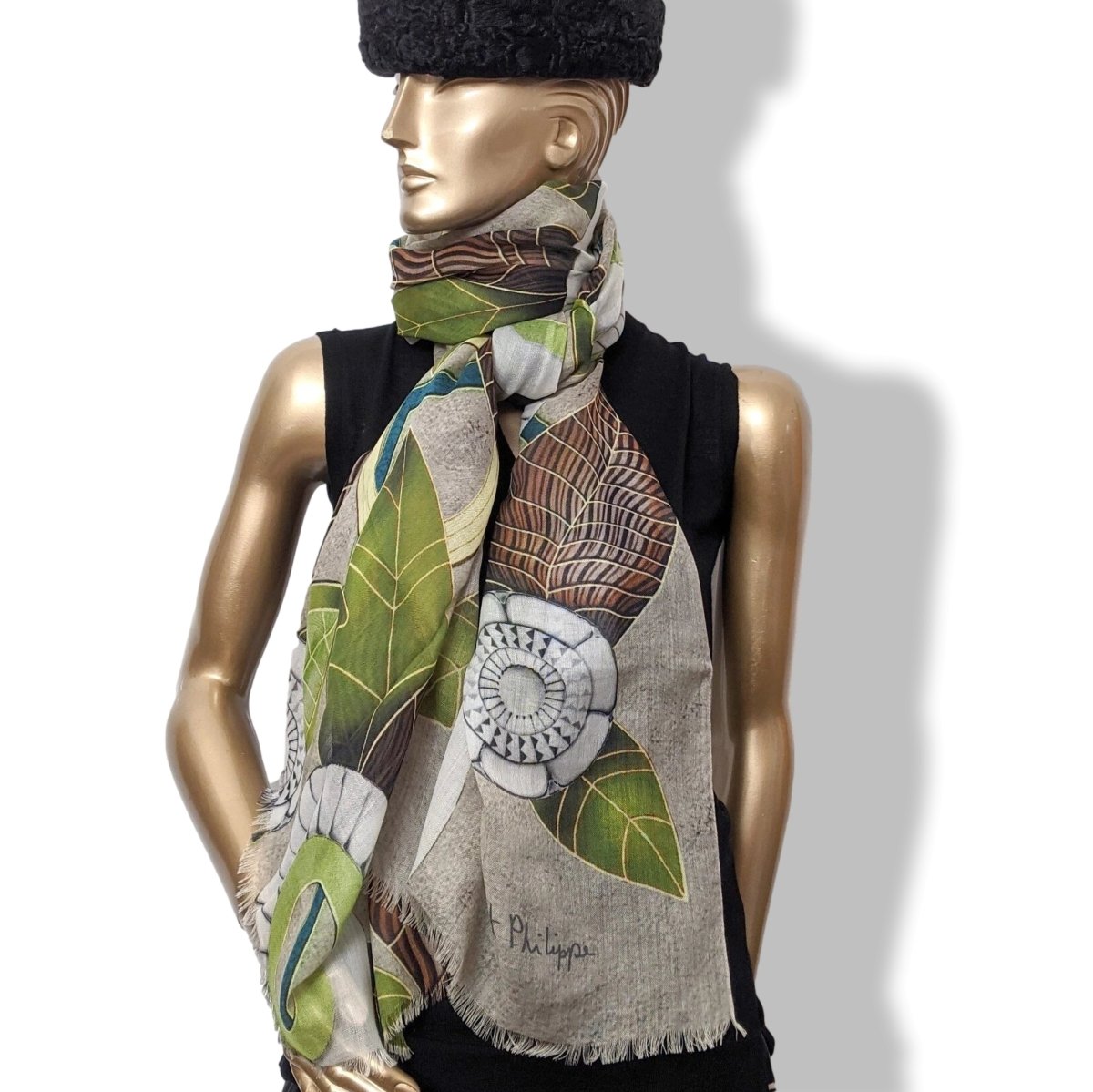 Patek Philippe 2020 Grey/Green/White Passiflores 100% Woven Cashmere Huge Fringed Stole, BNIB! - poupishop