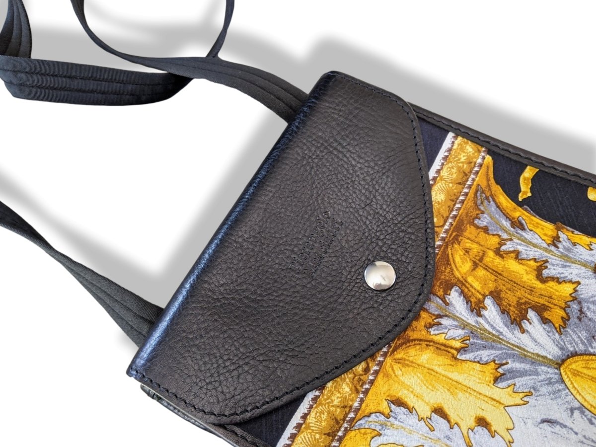 Pierangelo Masciadri Black/Gold Silk Leather Crossbody Pochette Bag Double Flaps, New! - poupishop
