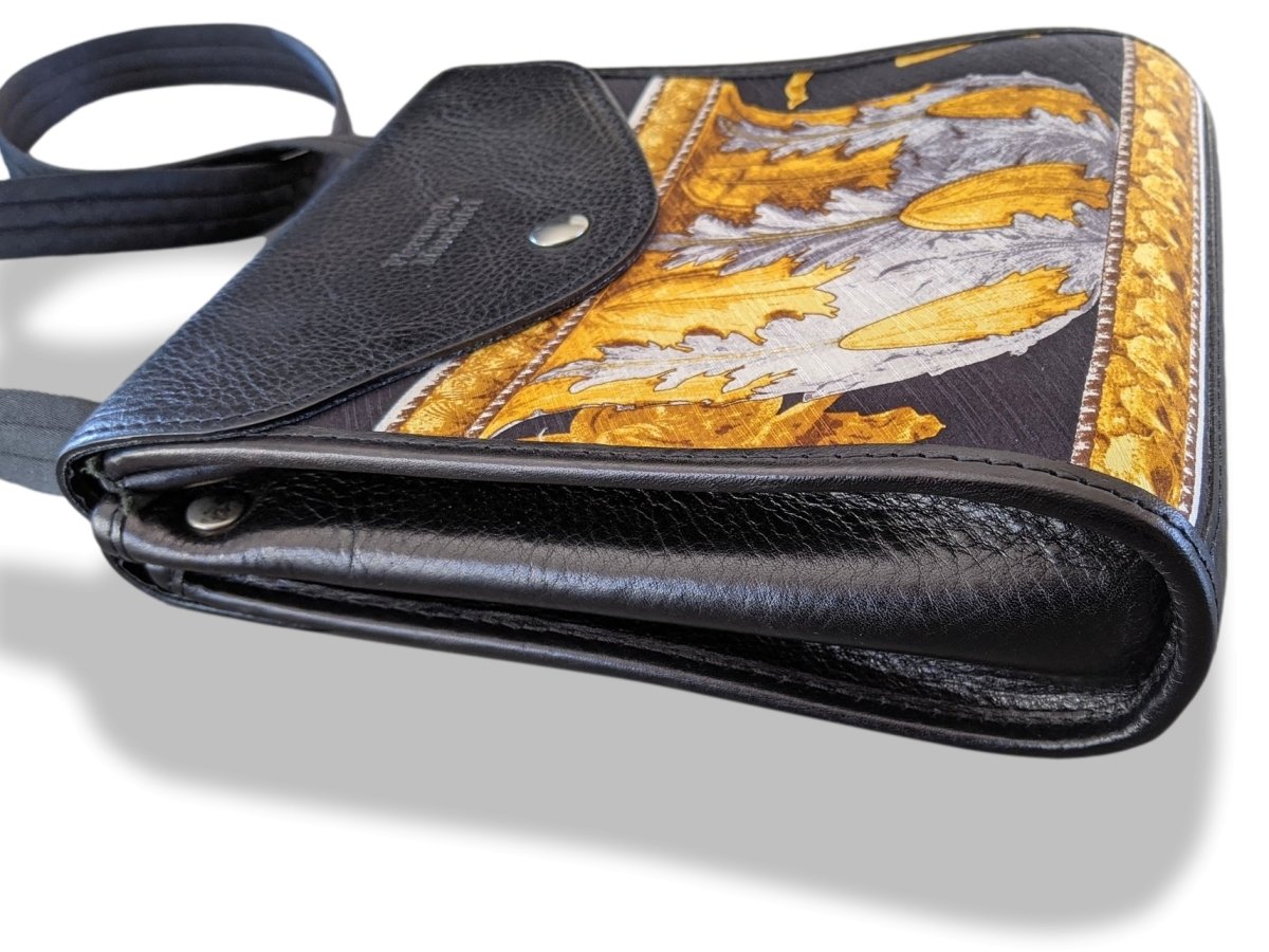Pierangelo Masciadri Black/Gold Silk Leather Crossbody Pochette Bag Double Flaps, New! - poupishop