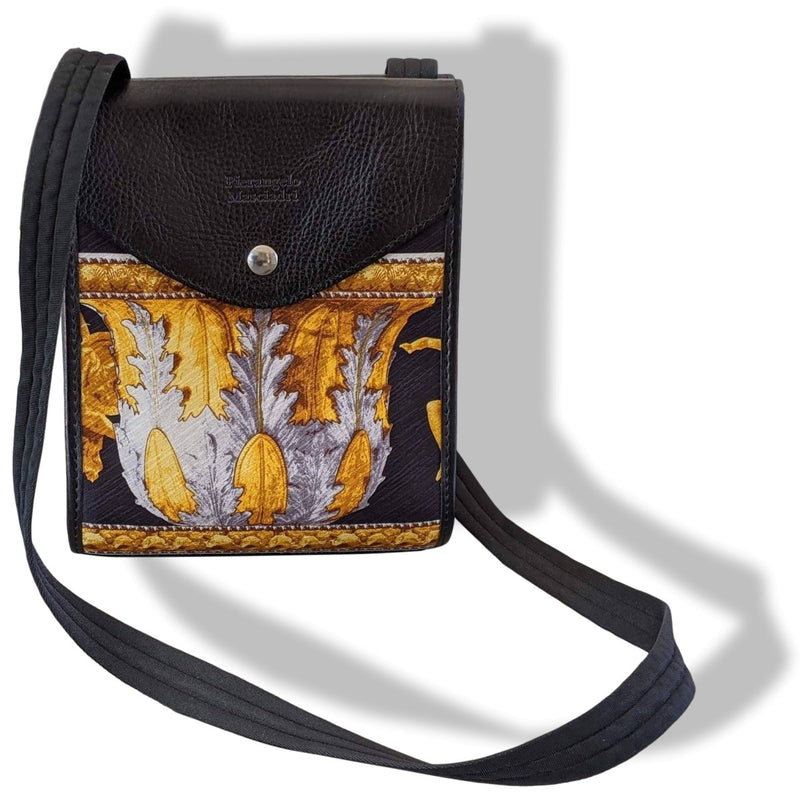Pierangelo Masciadri Black/Gold Silk Leather Crossbody Pochette Bag Double Flaps, New! - poupishop