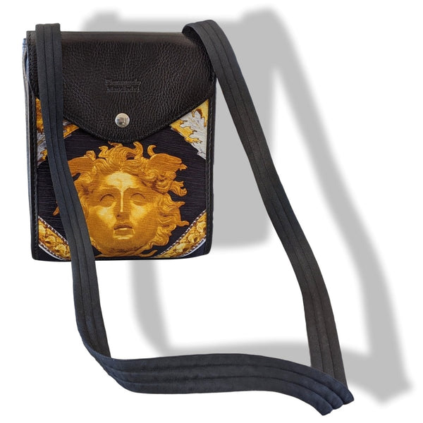 Pierangelo Masciadri Black/Gold Silk Leather Crossbody Pochette Bag Double Flaps, New! - poupishop