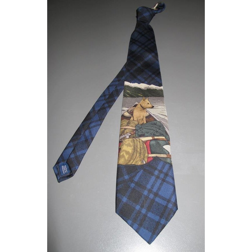 Polo Ralph Lauren Blue Tartan Husky Dog Silk Tie, NWT! - poupishop