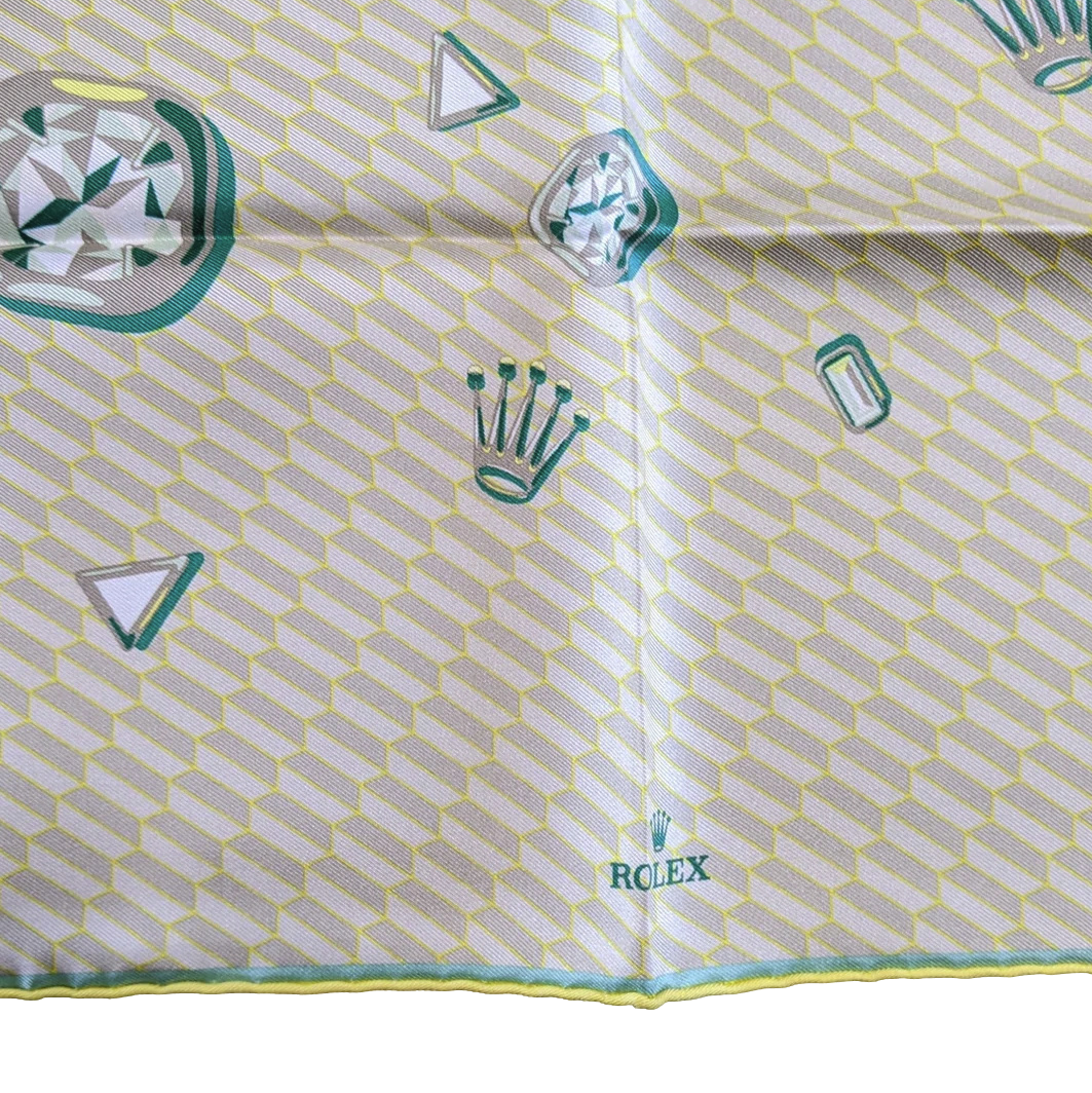 Rolex Pale Yellow/Turquoise VIP Silk Scarf Carre 53 x53 cm