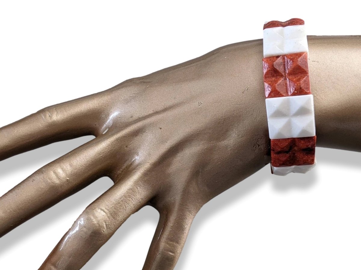 SK A532 Gems White/Brick Red Natural Stone Manchette Bracelet Wide, NWT! - poupishop
