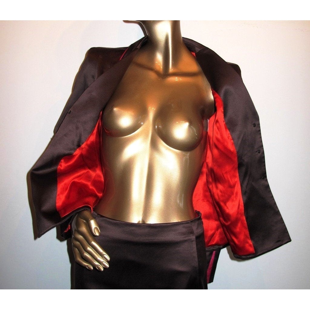 Thierry Mugler Couture 1980s Ebene/Geranium Satin Skirt Suit 2pc Sz40 - poupishop