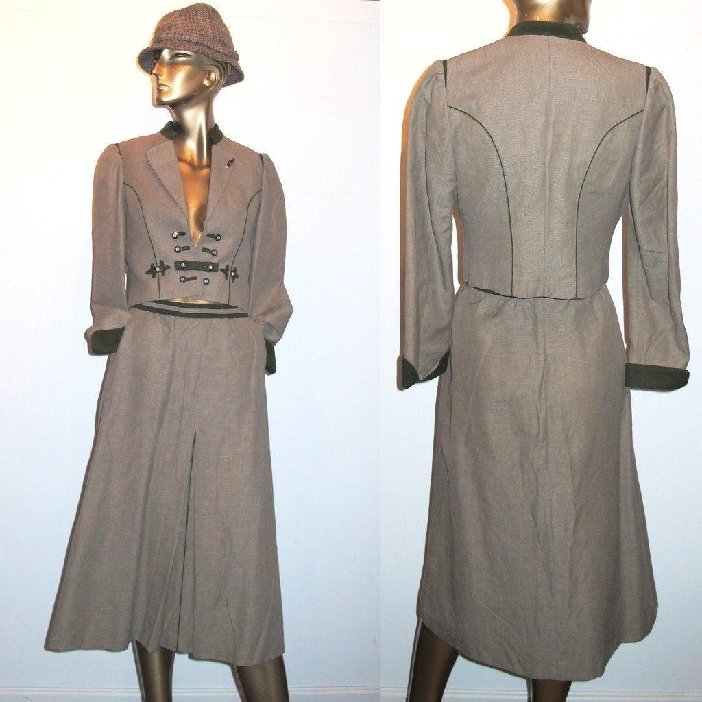 Trachten Stassny Couture Linen/Loden Long Skirt Suit 2pc Sz40 - poupishop