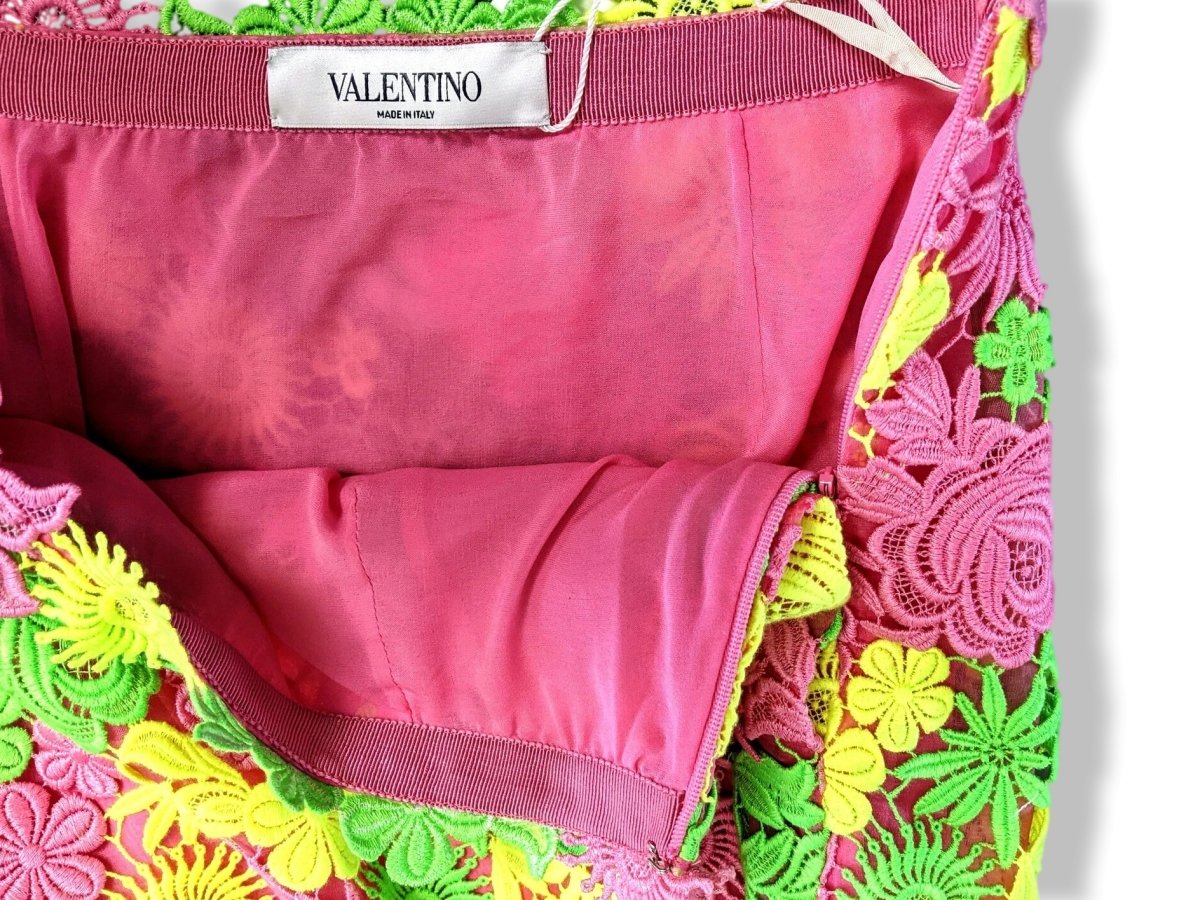 Valentino Yellow/Pink/Green Fluo Crochet Flowers Lined Skirt Sz 42, BNWT! - poupishop