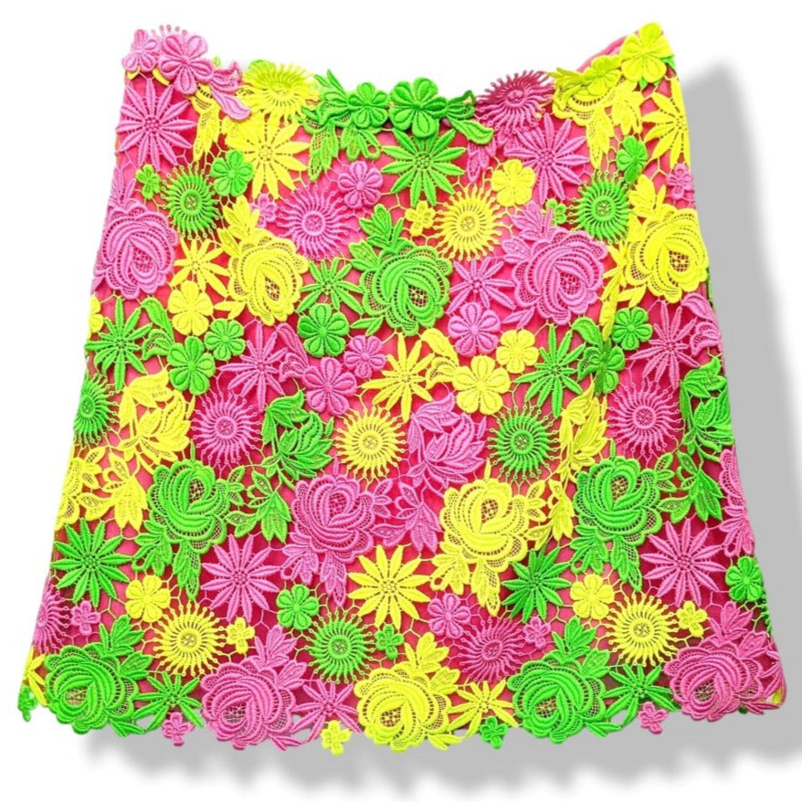Valentino Yellow/Pink/Green Fluo Crochet Flowers Lined Skirt Sz 42, BNWT! - poupishop