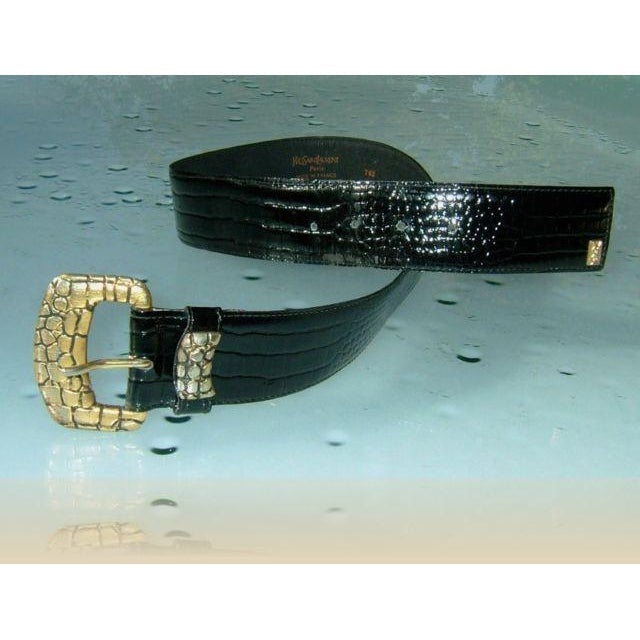 Yves Saint Laurent 80s Black Leather/Croco Design Belt Sz75 - poupishop