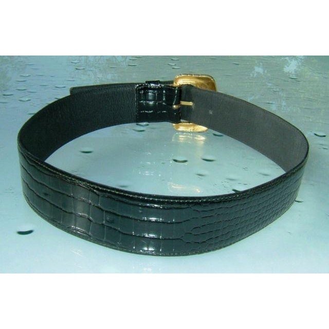 Yves Saint Laurent 80s Black Leather/Croco Design Belt Sz75 - poupishop