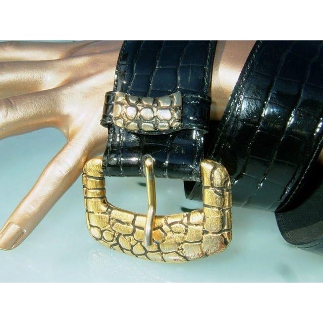 Yves Saint Laurent 80s Black Leather/Croco Design Belt Sz75 - poupishop