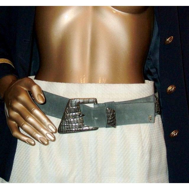 Yves Saint Laurent 80s Grey Suede Snake Buckle Metal Belt Sz80 - poupishop