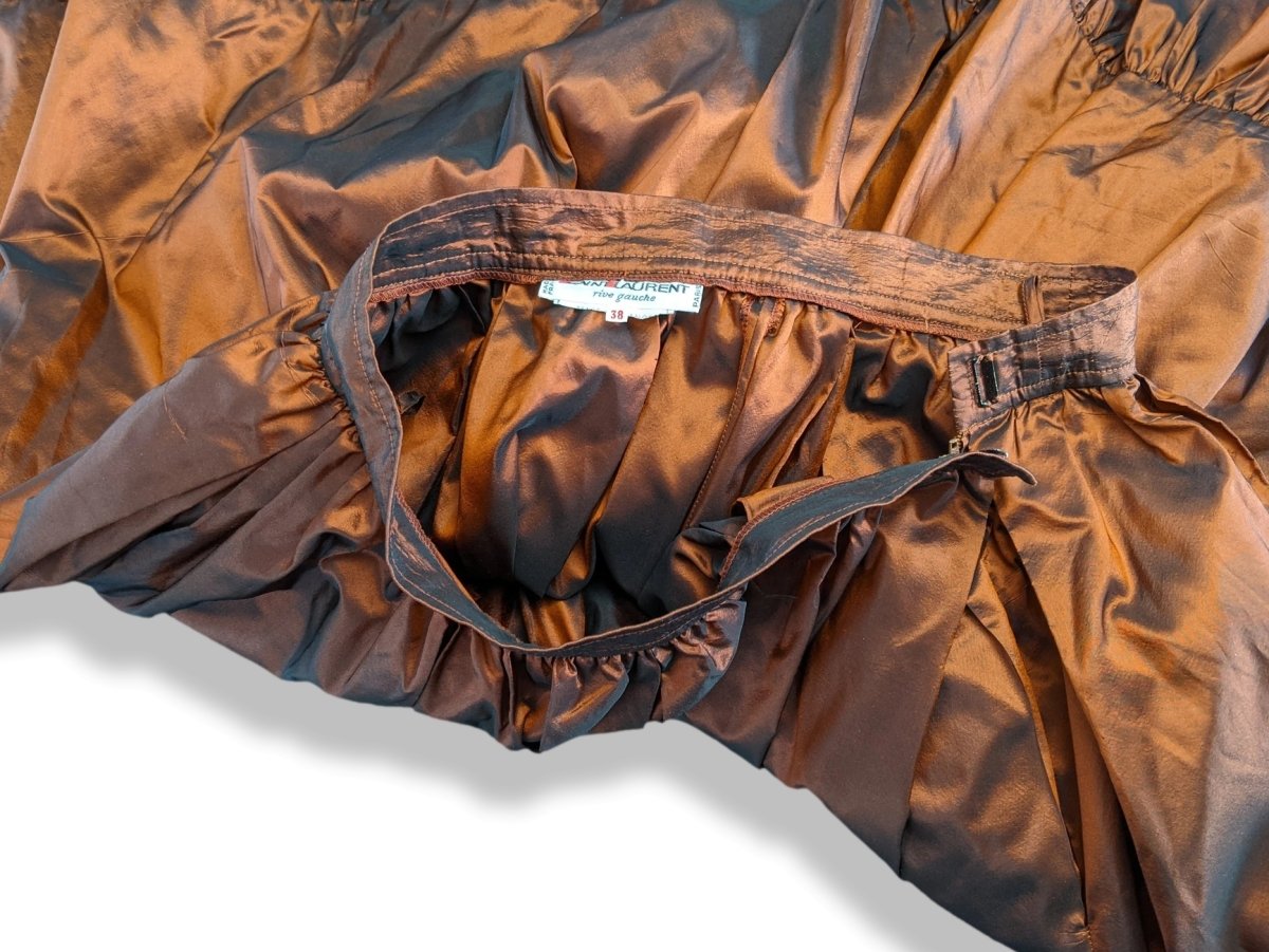 Yves Saint Laurent Rive Gauche Copper Brown Satin of Silk Changeante Long Ruffle Skirt, Rare! - poupishop
