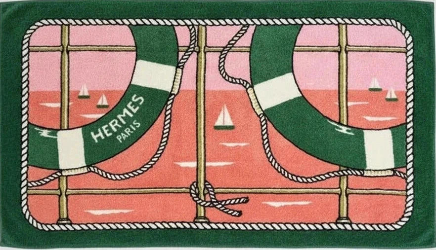 HERMES Bouees Green/Pink Terry Beach Towel 90 x 150 cm