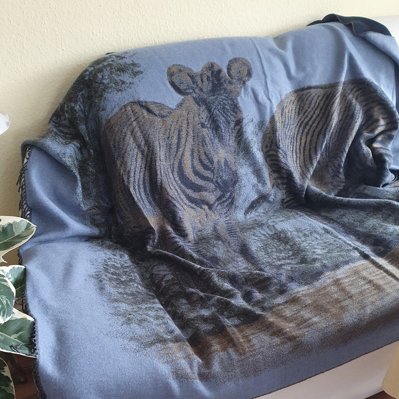 HERMES 2016 Blue Croquis de Zebres by Robert Dallet Plaid in 100% Cashmere 190 x 130 cm, New in Box!