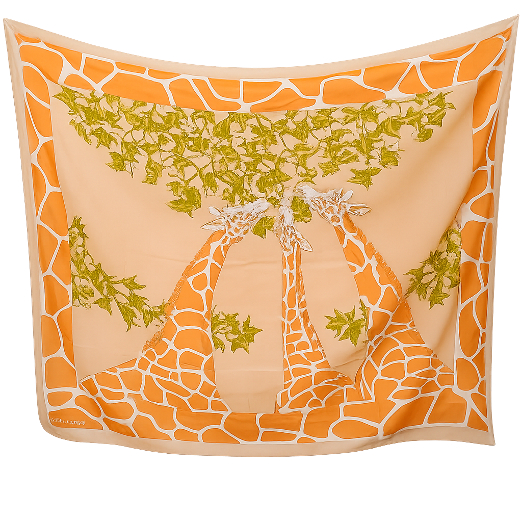 HERMES Orange/Green LES TROIS GRACES Giraffe Print Scarf Pareo GM, Rare in Box!
