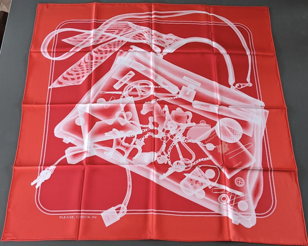 HERMES Vermillon " Pleease Check in " Twill Silk Scarf  90 x 90 cm A20250903