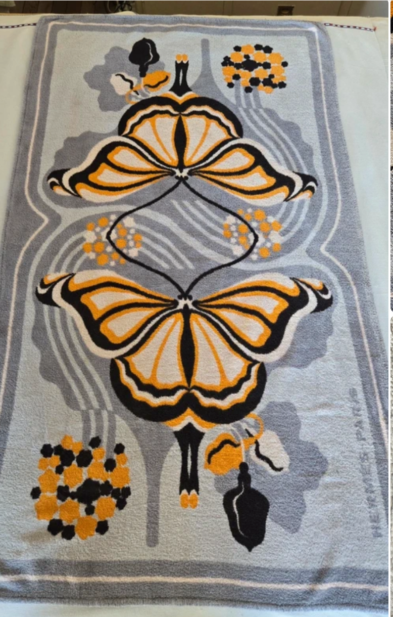 HERMES Vintage Art Nouveau Butterfly Beach Towel Grey Orange GM 1990s Rare