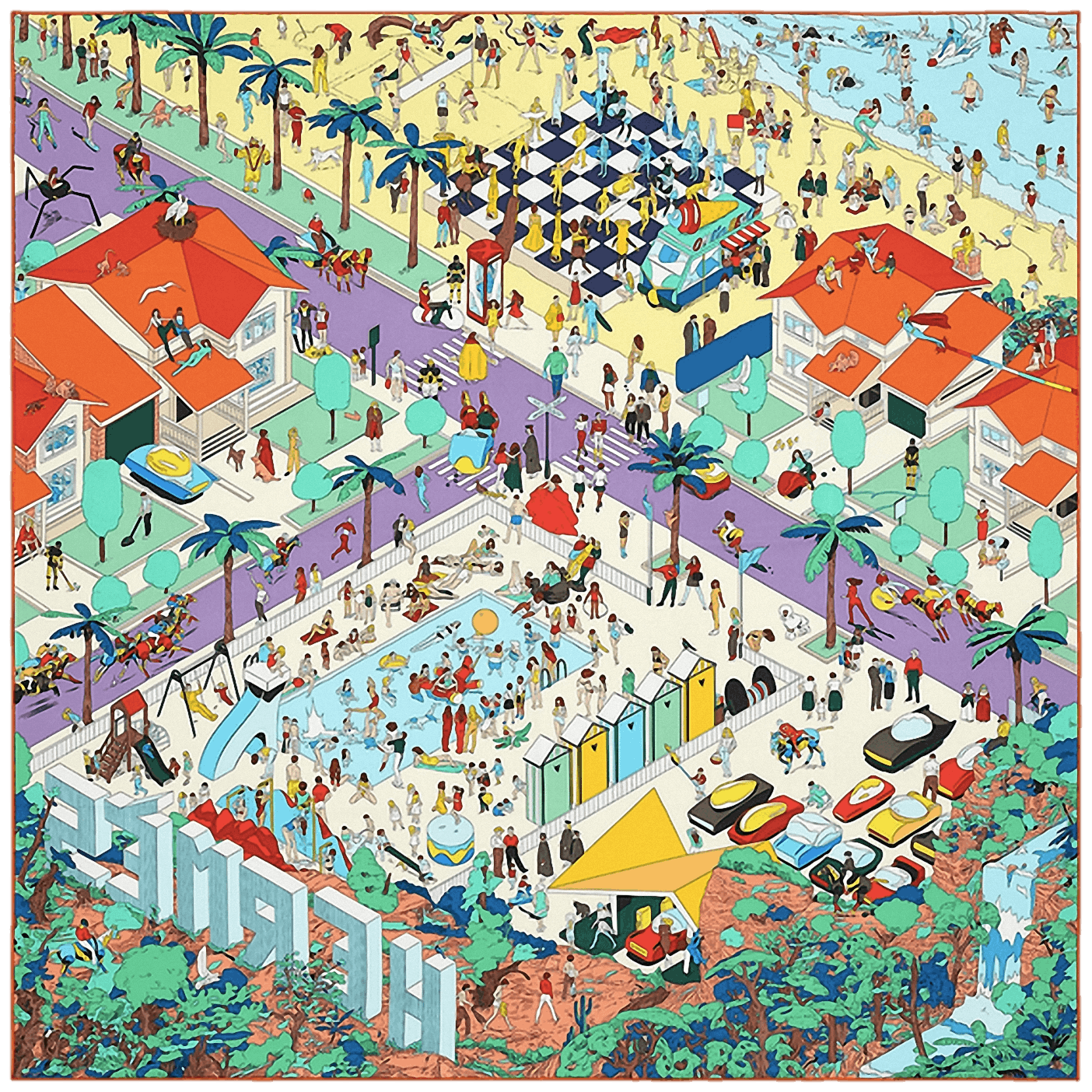 HERMES ON THE BEACH Jaune SoufreVioletOrange Twill Silk Carre 90 x 90 cm