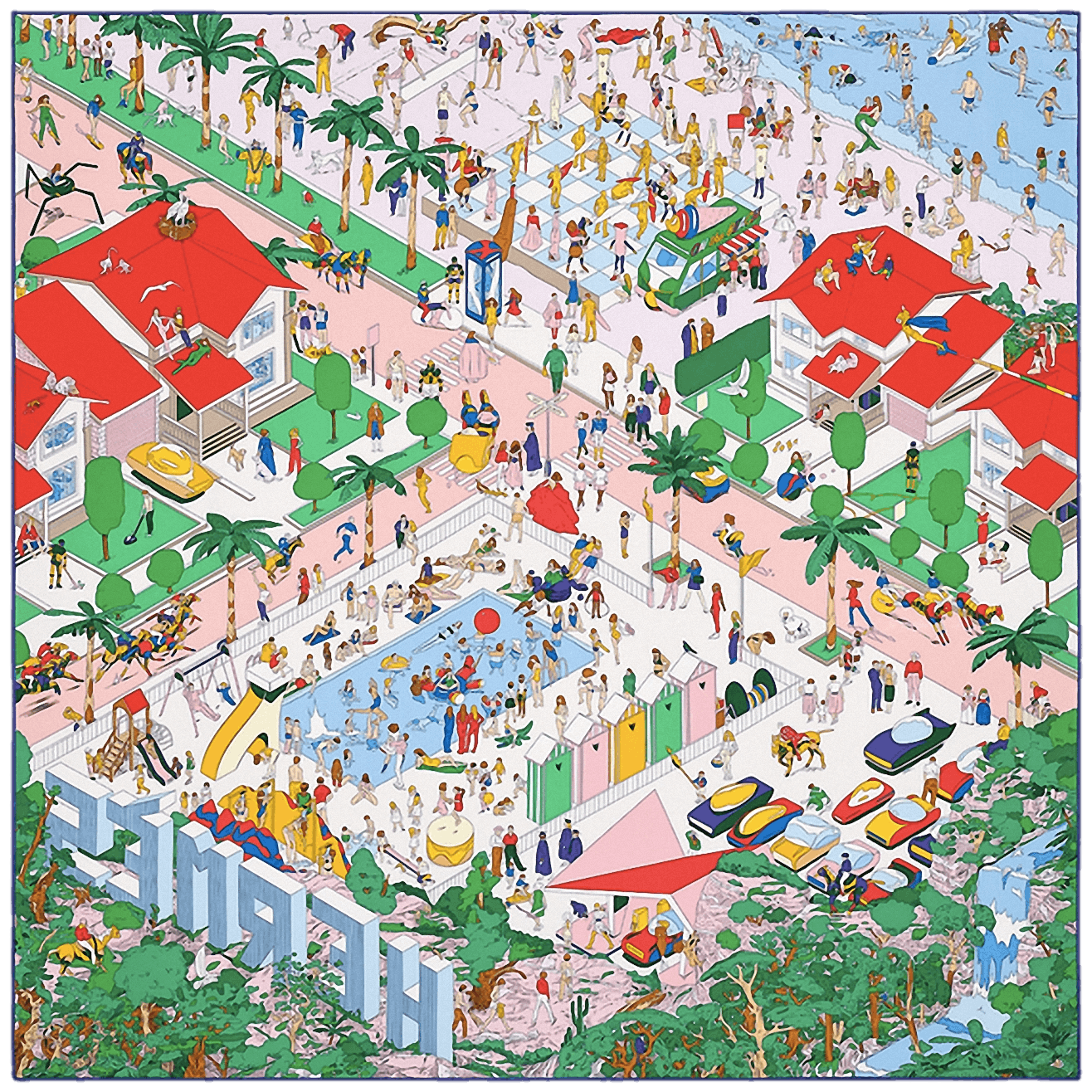 HERMES ON THE BEACH RoseVertRouge Twill Silk Carre 90 x 90 cm
