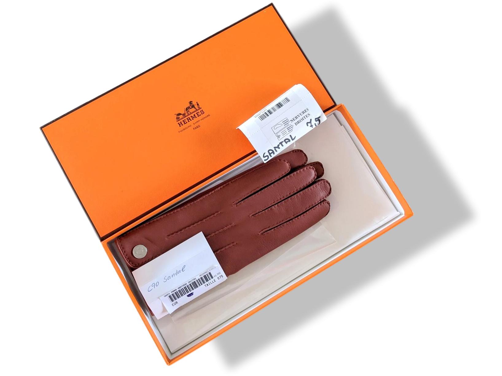 Hermes [GL01] Women's Santal Glace Lambskin GANTS FEMME NERVURES DROITES Sz 075, BNWTIB!
