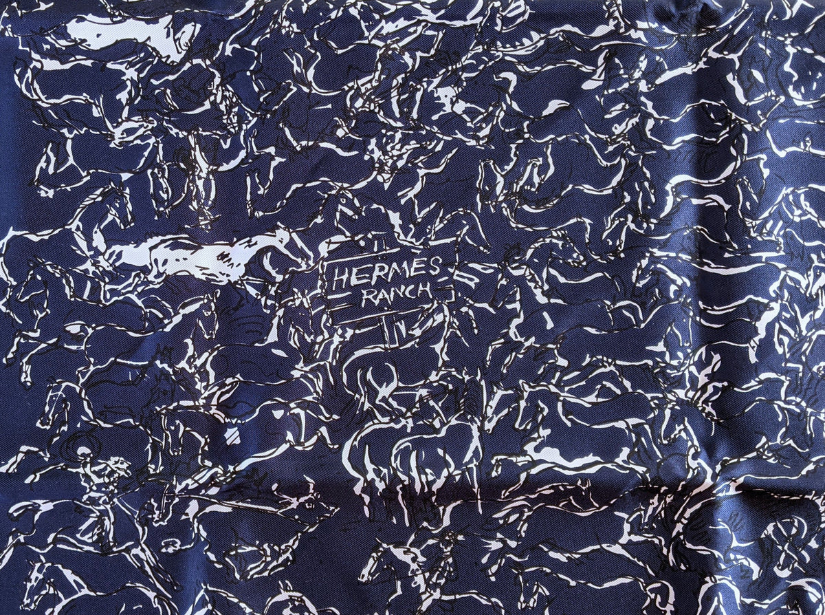 Hermes 2014 Marine/Blanc Special Issue "Ranch" by Philippe Dumas Twill Silk Bandana Carre 55