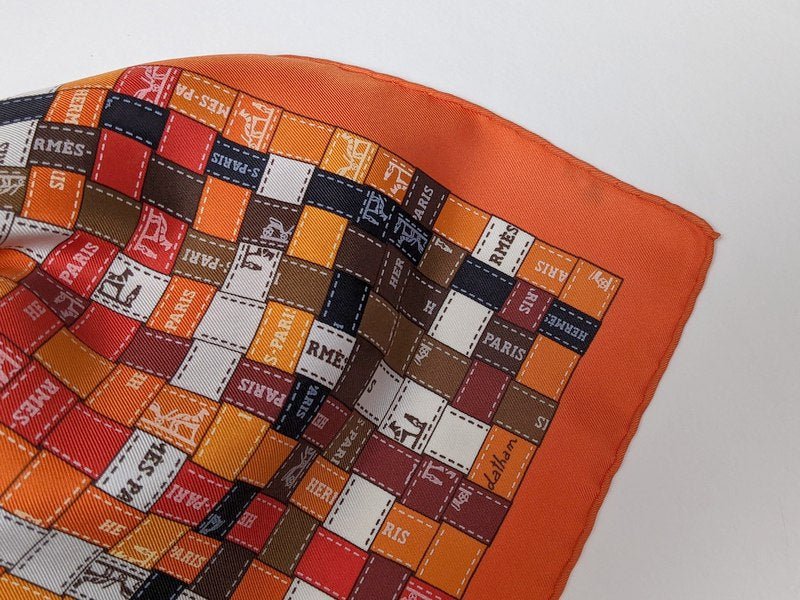 Hermes 2007 Orange/Marron "Bolduc au Carré" by Caty Latham Twill 90cm with Tiny Flaw!