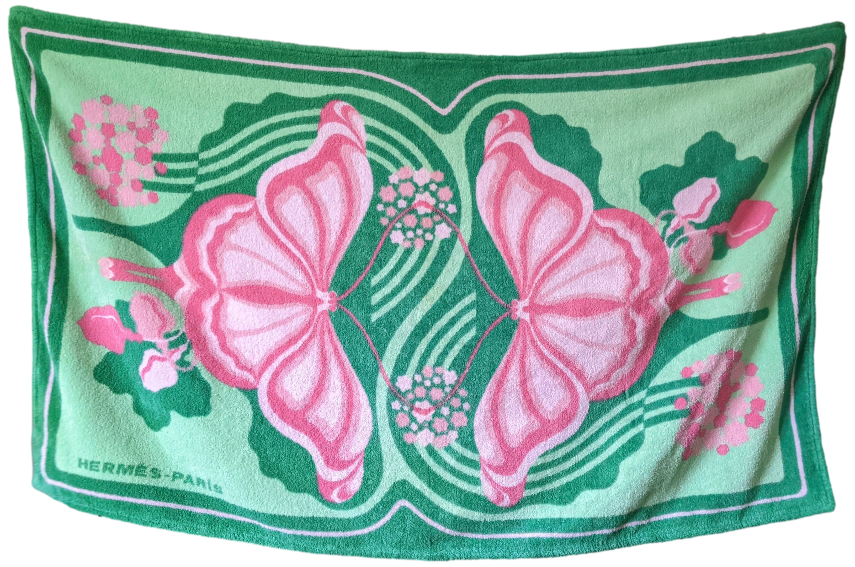 Hermes Vintage Vert/Rose "Papillons" Terry Cotton Beach Towel 90 x 150 cm
