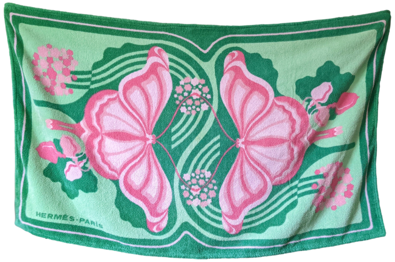 Hermes Vintage Vert/Rose "Papillons" Terry Cotton Beach Towel 90 x 150 cm