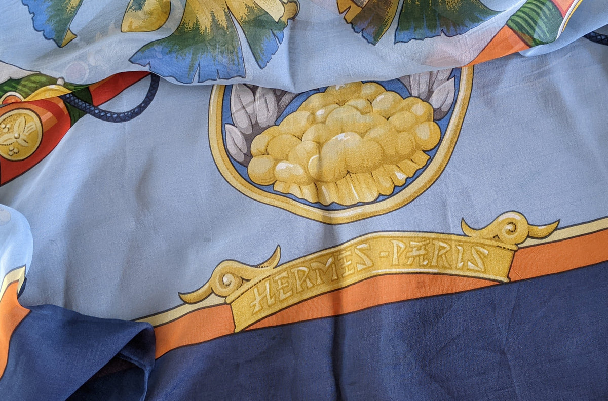HERMES 1991 Blue DAIMYO Mousseline Silk 140 x 140 cm
