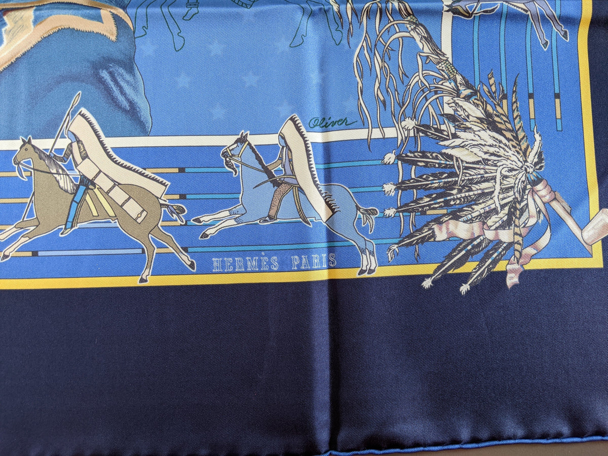 HERMES Bleu PANI LA SHAR PAWNEE by Kermit Oliver DOUBLE FACE Twill Scarf 90 x 90 cm, NIB