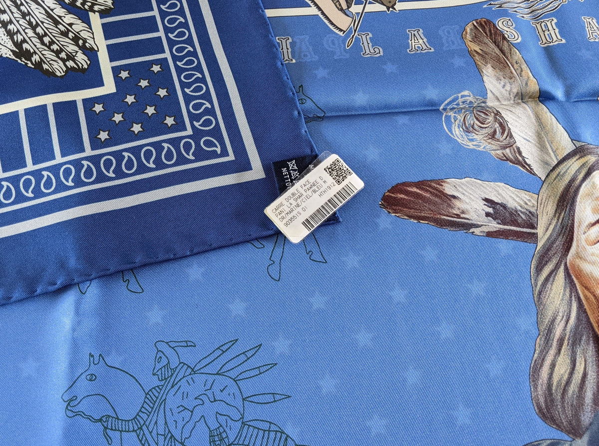 HERMES Bleu PANI LA SHAR PAWNEE by Kermit Oliver DOUBLE FACE Twill Scarf 90 x 90 cm, NIB