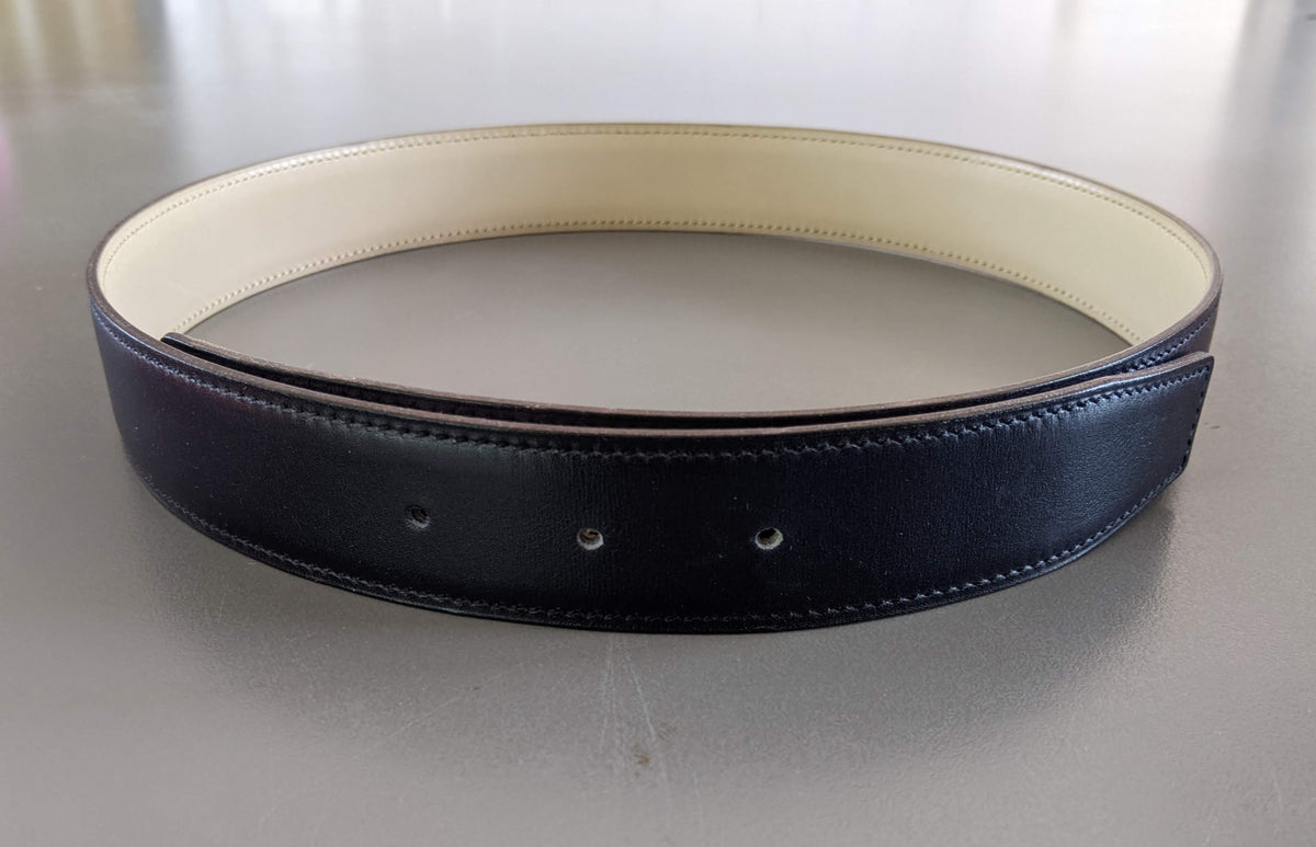 HERMES [JUTTA36] 2002 Marine/Creme Box Reversible Leather Strap Belt 32 MM Sz75