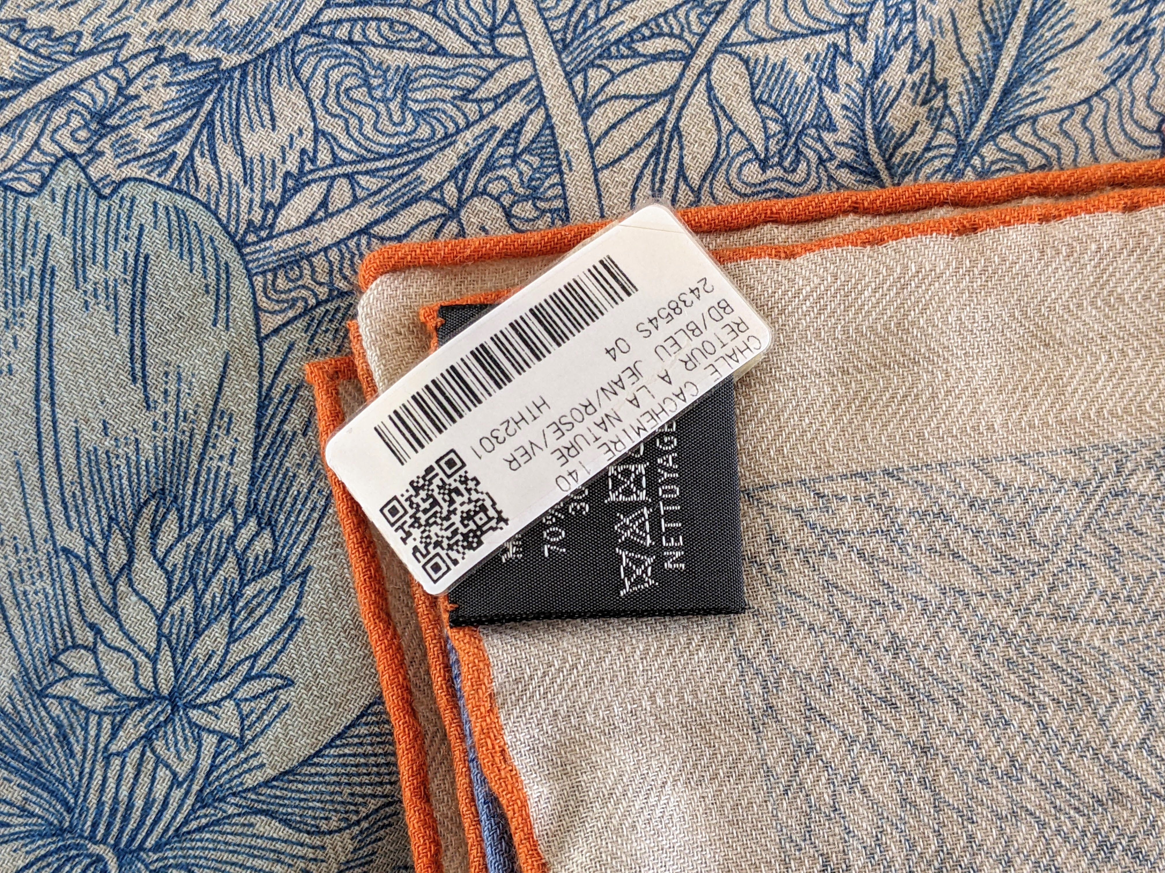 HERMES RETOUR A LA NATURE [Jutta40] Bleu jean/Rose/Vert Cashmere Shawl 140 x 140 cm