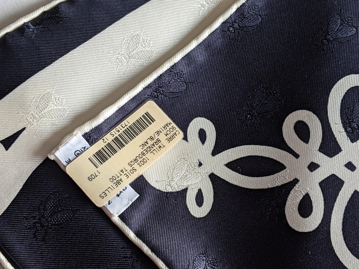 HERMES [C14] Limited Navy White BRANDEBOURG TATTOO by Caty Latham Jacquard Twill SIlk 90cm BNWTIB!