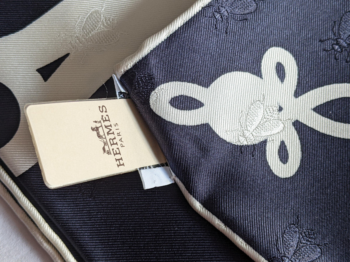 HERMES [C14] Limited Navy White BRANDEBOURG TATTOO by Caty Latham Jacquard Twill SIlk 90cm BNWTIB!