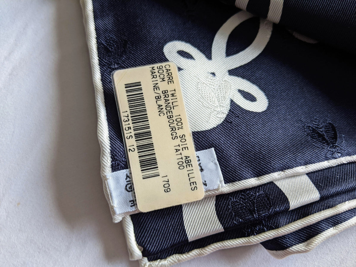 HERMES [C14] Limited Navy White BRANDEBOURG TATTOO by Caty Latham Jacquard Twill SIlk 90cm BNWTIB!