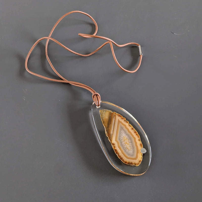 HERMES MINERAL AGATE Stone in Resine Pendant with Leather Cord, New in Box!