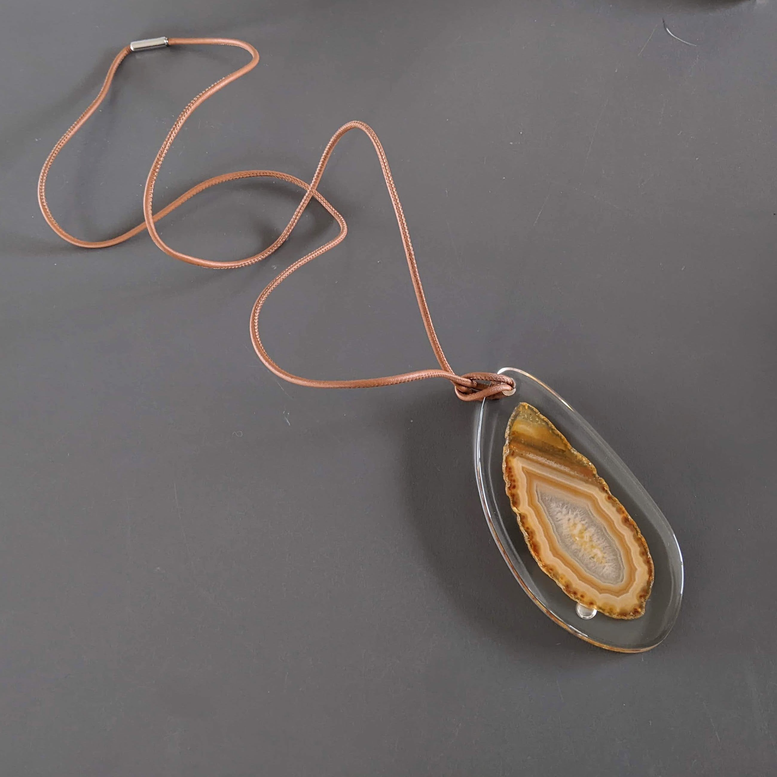 HERMES MINERAL AGATE Stone in Resine Pendant with Leather Cord, New in Box! A20231017